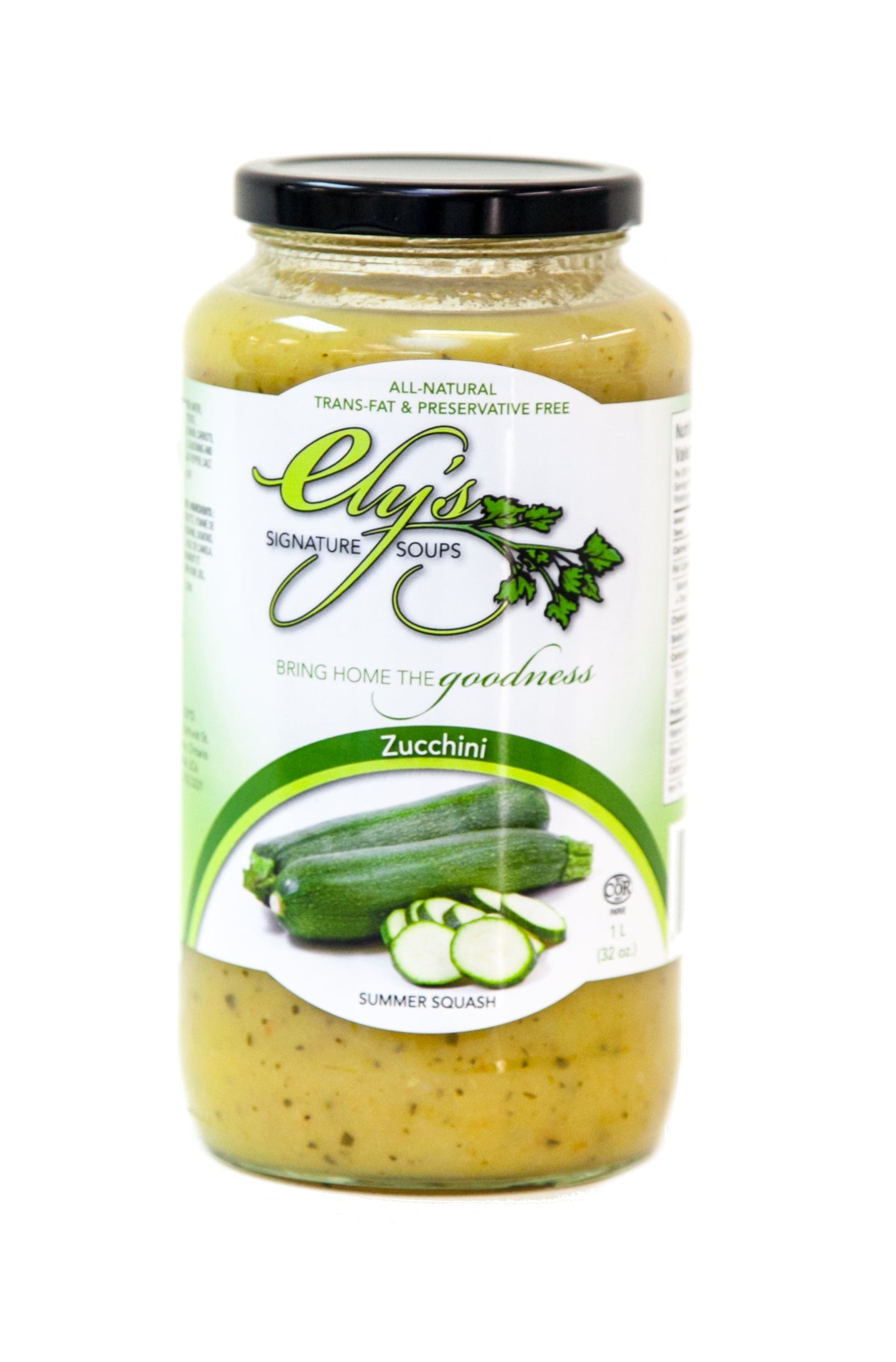 a jar of zucchini soup made by Ely's Fine Foods